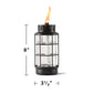 8-inch tall glass and metal outdoor lantern with a visible flame and protective black grid, 3.5-inch diameter.