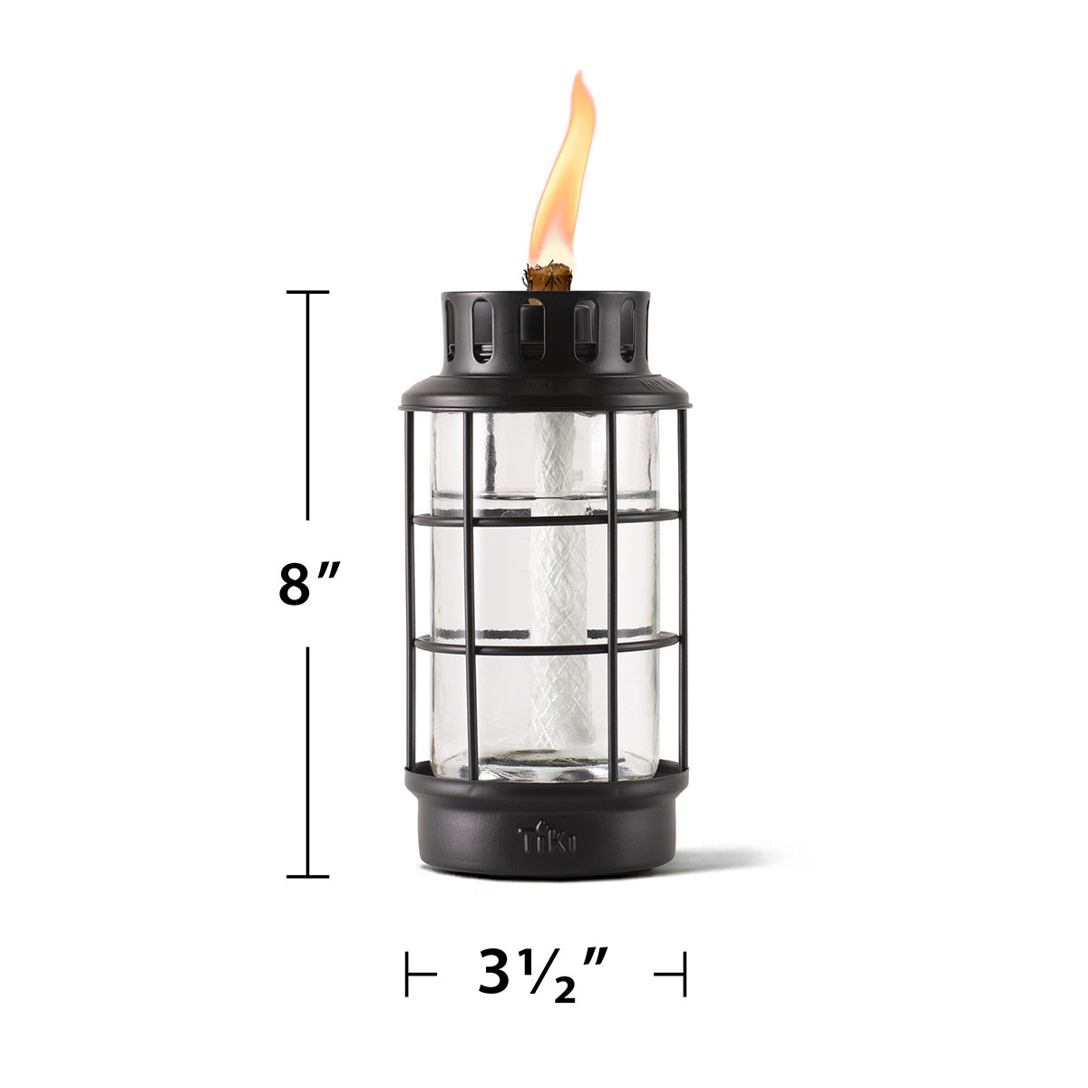 8-inch tall glass and metal outdoor lantern with a visible flame and protective black grid, 3.5-inch diameter.