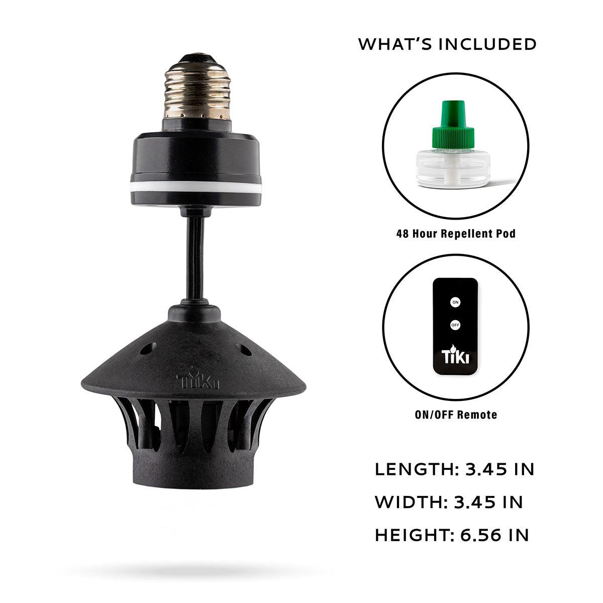 Black TIKI insect repellent lamp with 48-hour pod and remote, 3.45 x 3.45 x 6 inches.