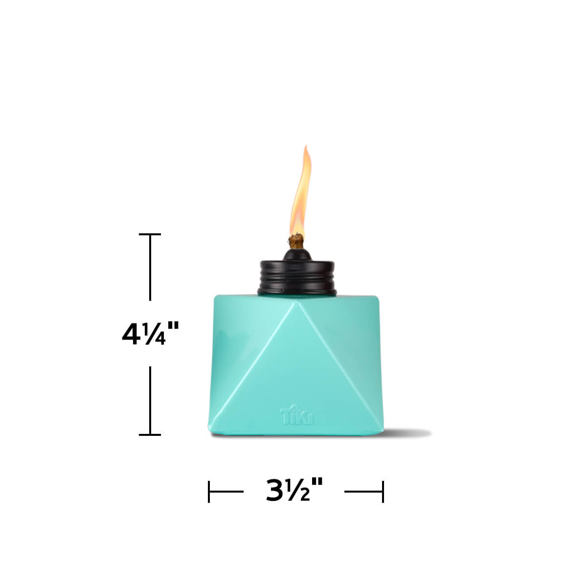 Tiki teal geometric torch, 4 1/4" tall, 3 1/2" wide.