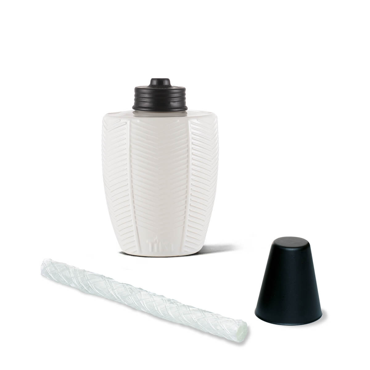 White water bottle with textured design and black lid, includes straw.