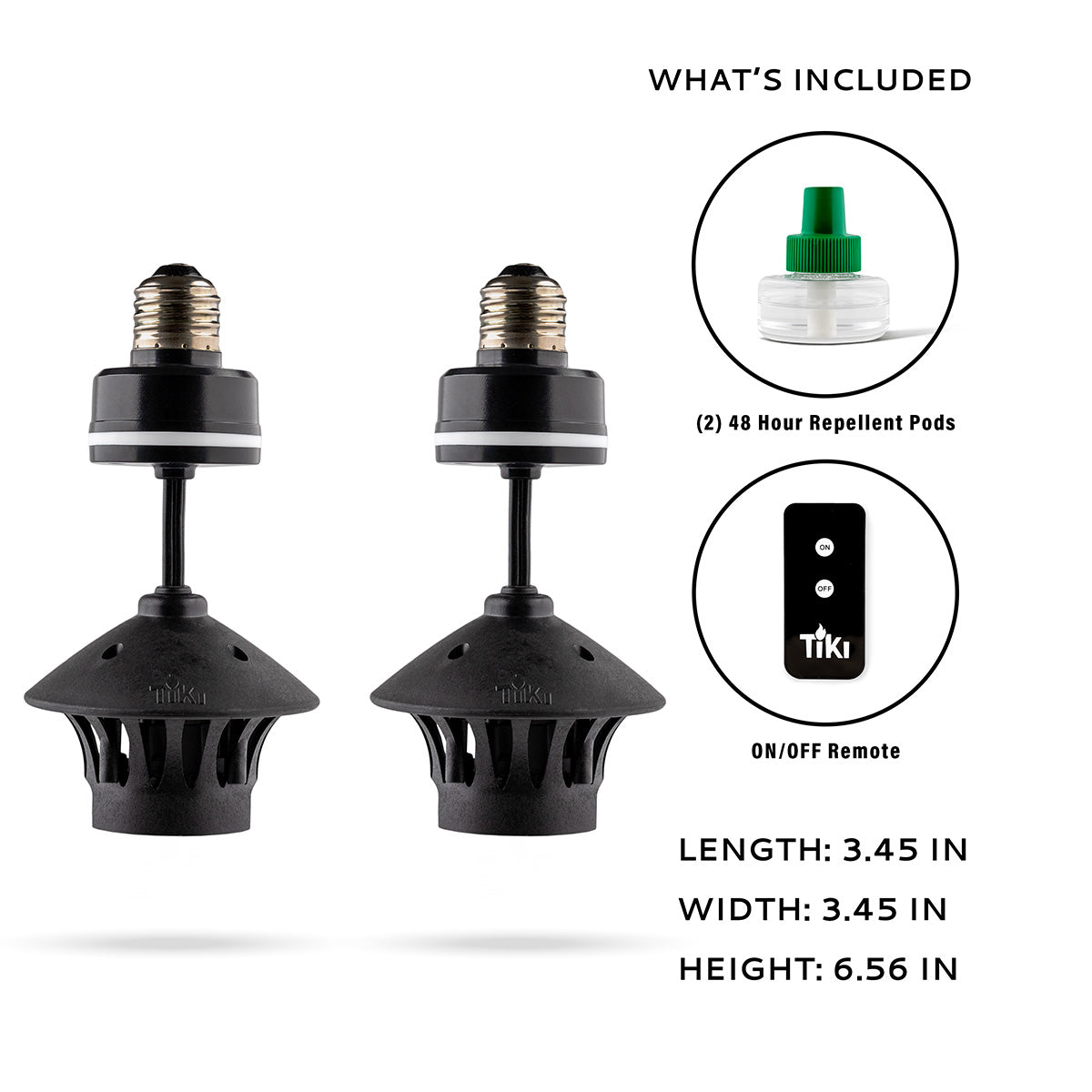 Set of two black mosquito repellent devices with remote and pods. Dimensions: 3.45"x3.45"x6.56".