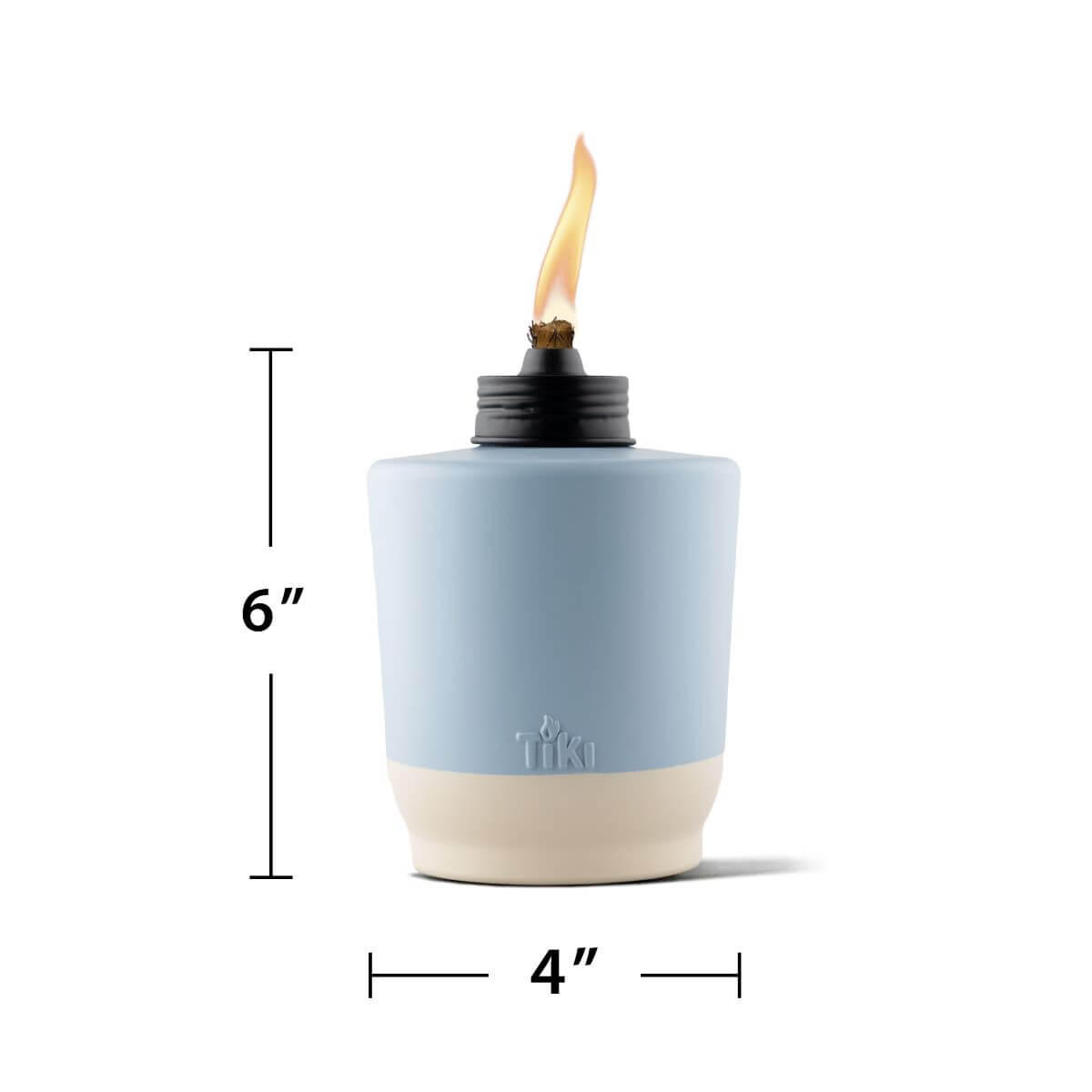 Light blue TIKI torch, 6" tall, 4" wide, with flame.