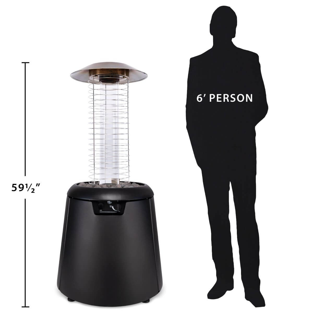 Black patio heater, 59.5 inches tall, beside 6-foot silhouette.