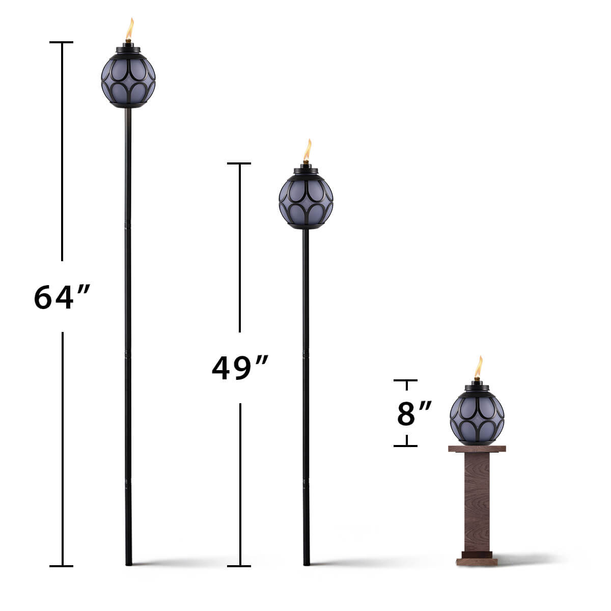 Tall black torches with glass globes, heights 64", 49", and 8".