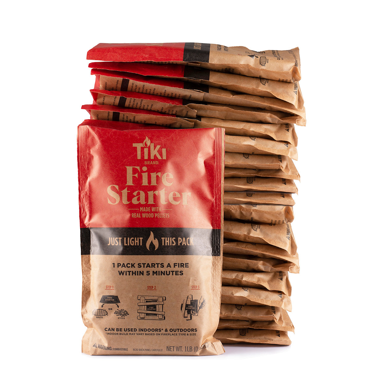 Red Tiki Brand Fire Starter pack with brown back, starts fire in 5 minutes.