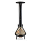 Black outdoor patio heater with gold flame design.