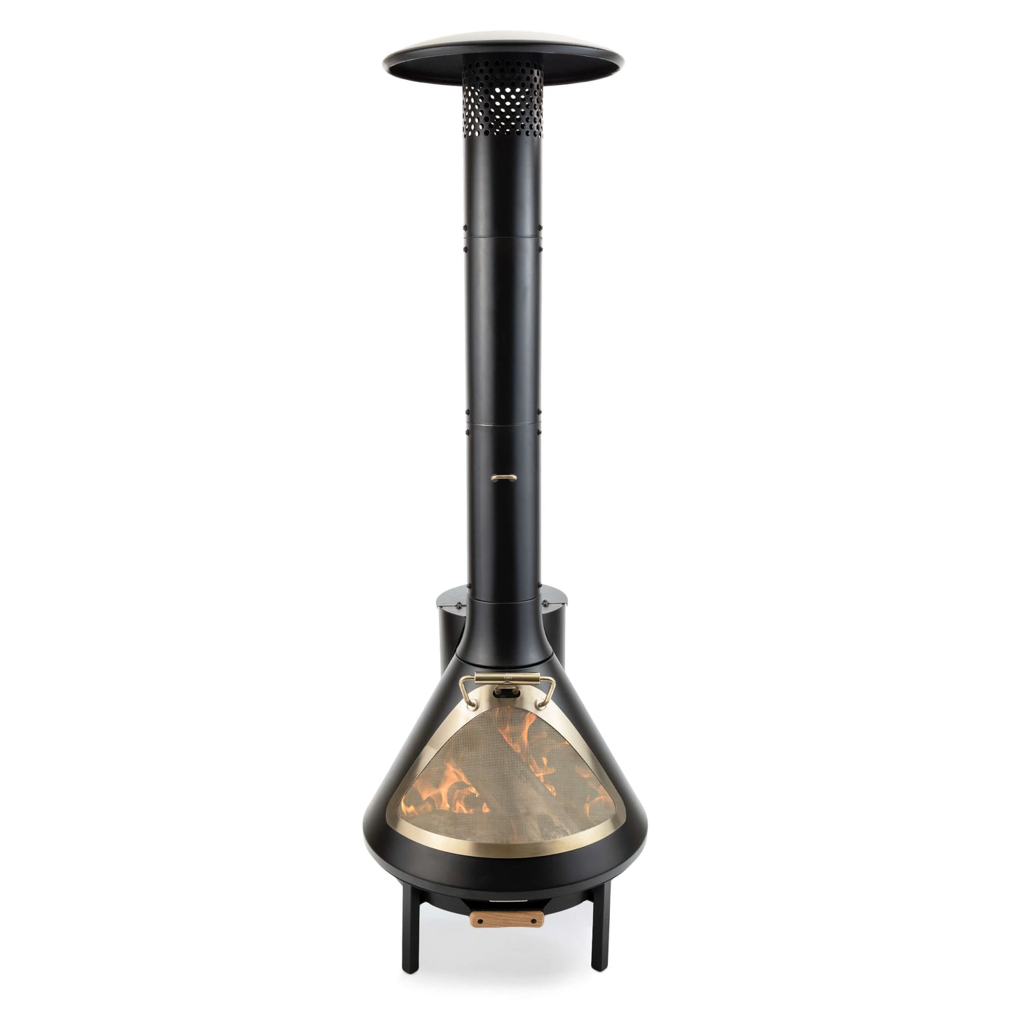 Black outdoor patio heater with gold flame design.