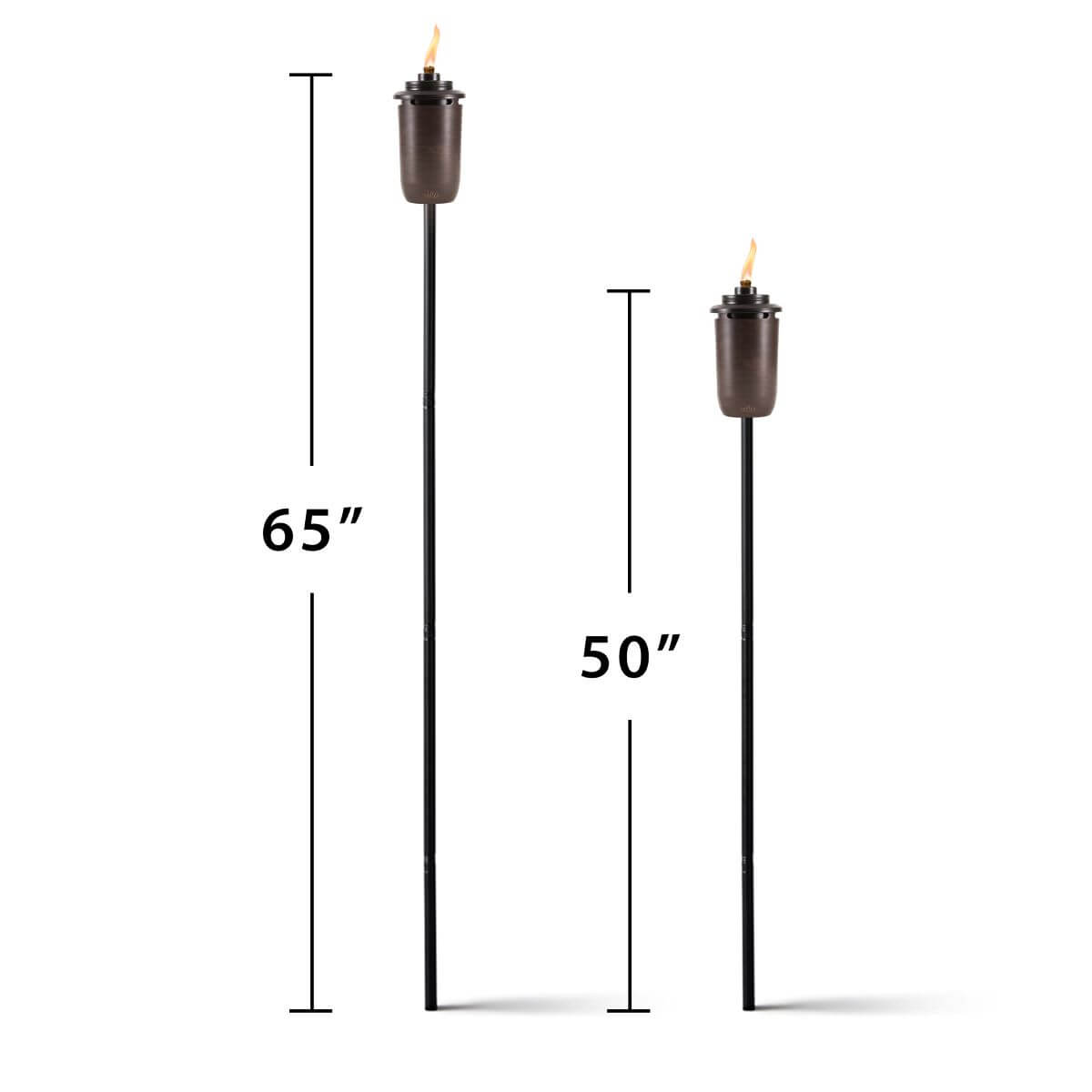 Brown outdoor torches, 65" and 50" heights.