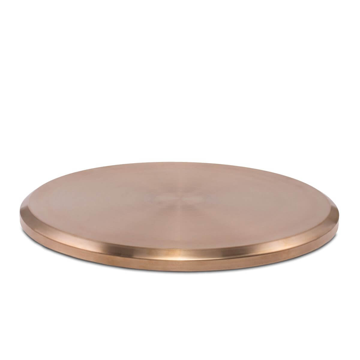 Rose gold circular metal tray with smooth finish.