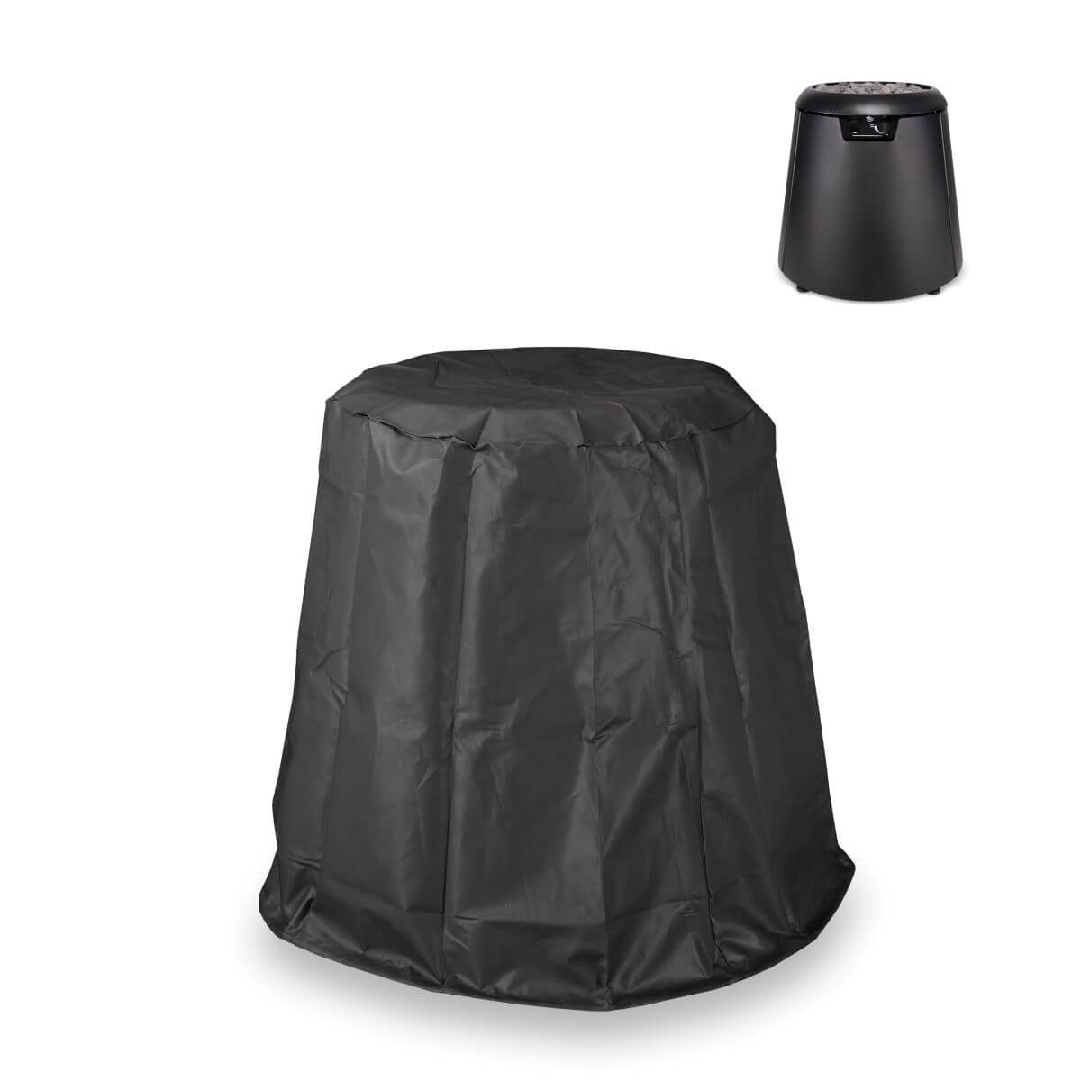 Black outdoor grill cover and matching black grill.