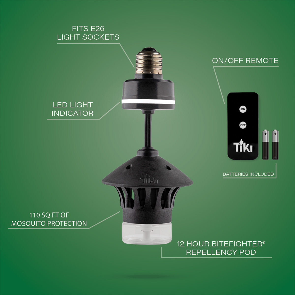Black TIKI mosquito repellent device fits E26 sockets, covers 110 sq ft, includes remote, LED indicator, and 12-hour repel...