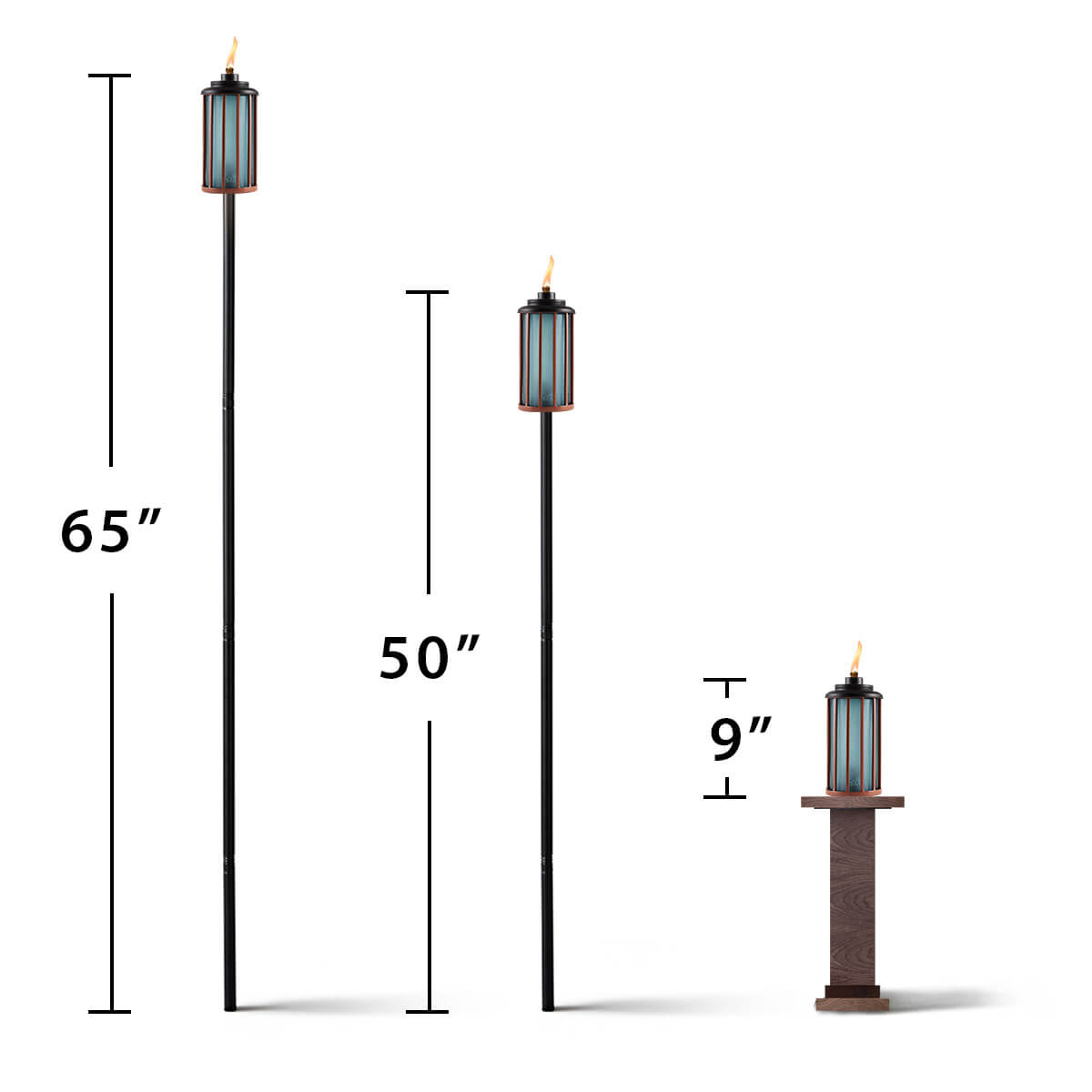 Tall outdoor torches in black and blue, heights 65", 50", and 9".