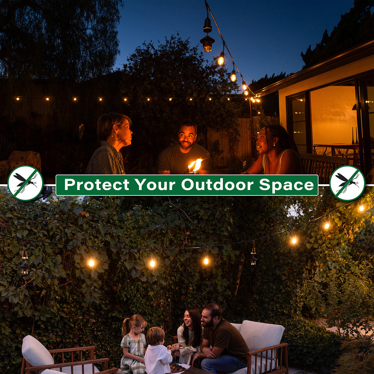 Outdoor string lights with mosquito repellent, shown in cozy backyard settings. Ideal for evening gatherings and family sp...
