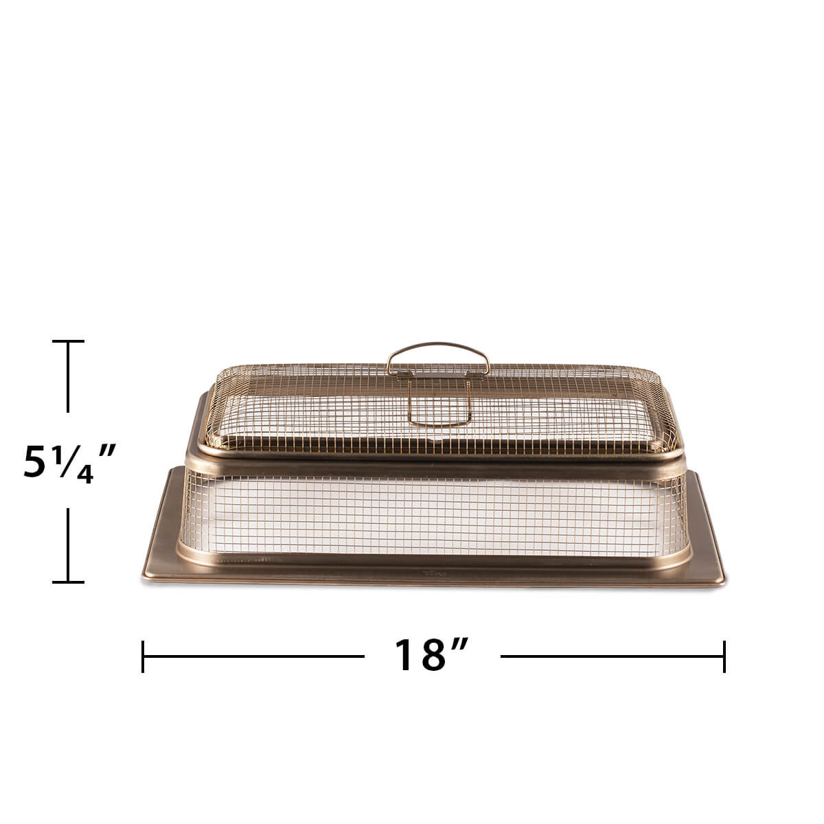 Bronze wire rack with lid, 18" x 5 1/4" dimensions.