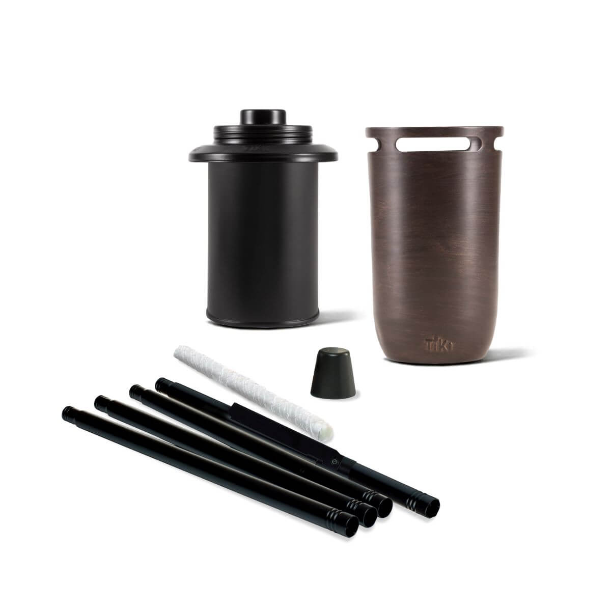 Black and brown Tiko reusable cup set with straw and cleaning brush.