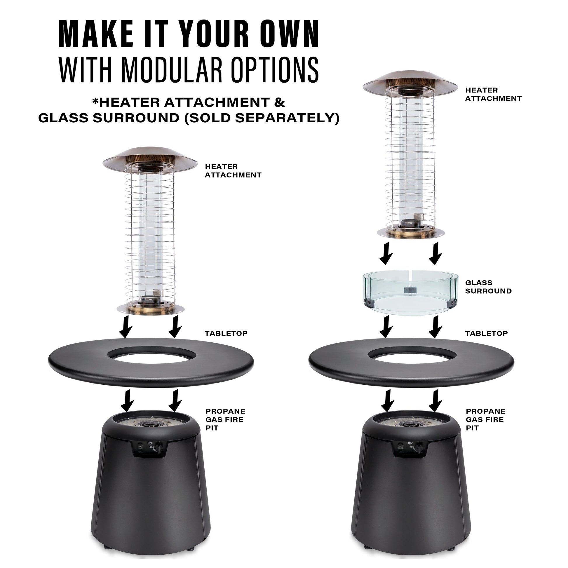 Modular propane gas fire pit with optional heater attachment and glass surround.