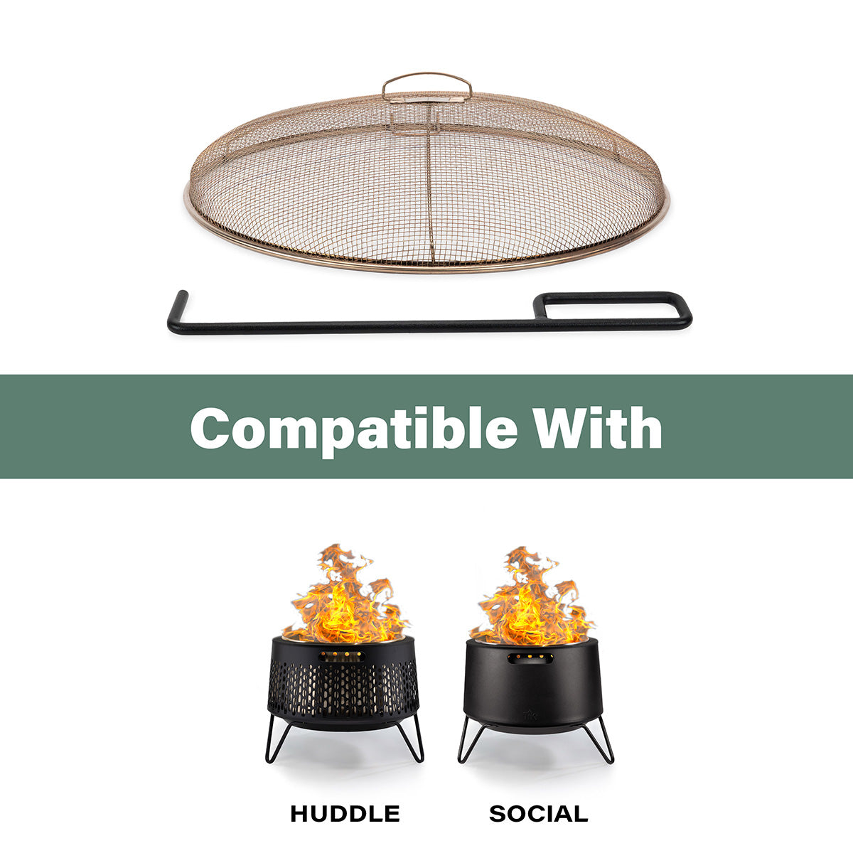 Bronze mesh fire pit cover and poker compatible with HUD and SCL fire pits.