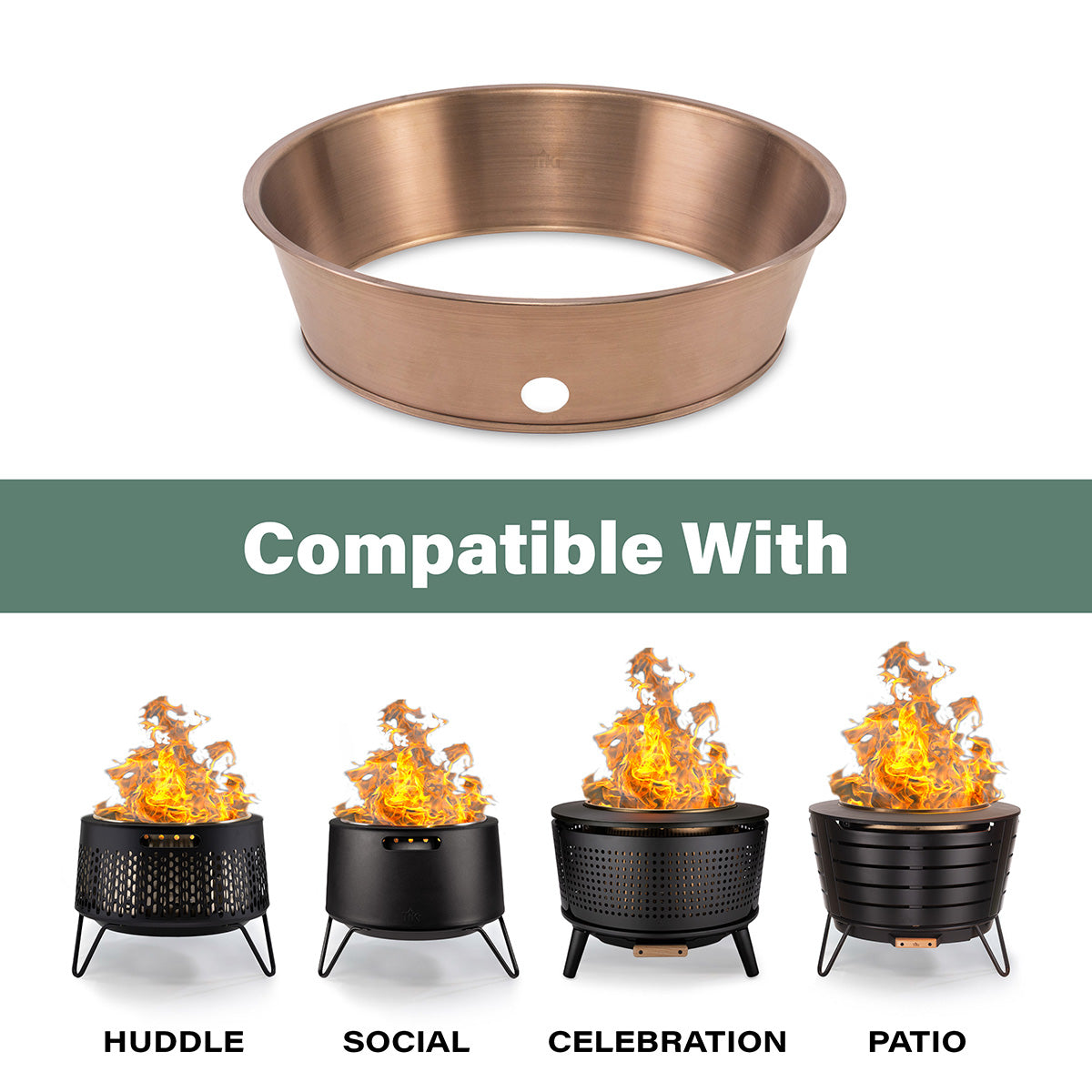 Copper fire pit bowl compatible with Huddle, Social, Ceiling, and Patio fire pit bases.