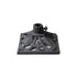 Black cast iron trivet with central hole and decorative pattern.