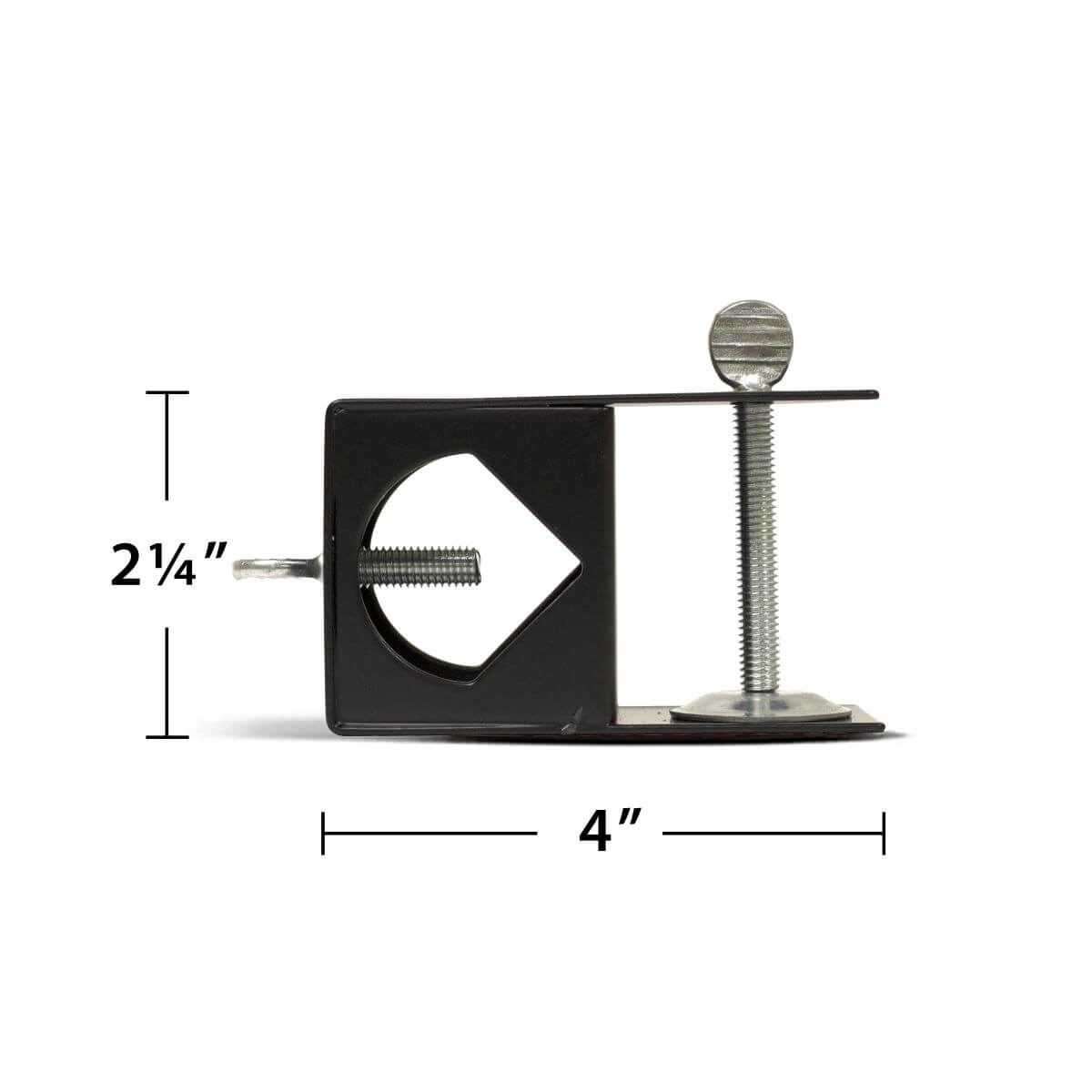 Black metal bracket with 4" width and 2 1/4" height, featuring screws and a hexagonal cutout.