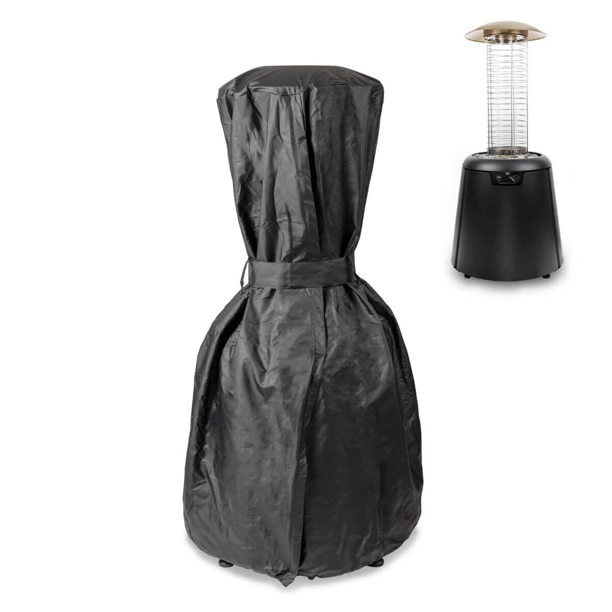 Black patio heater cover and black patio heater with glass top.