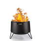 Black Tiki fire pit with vibrant flames, modern design.