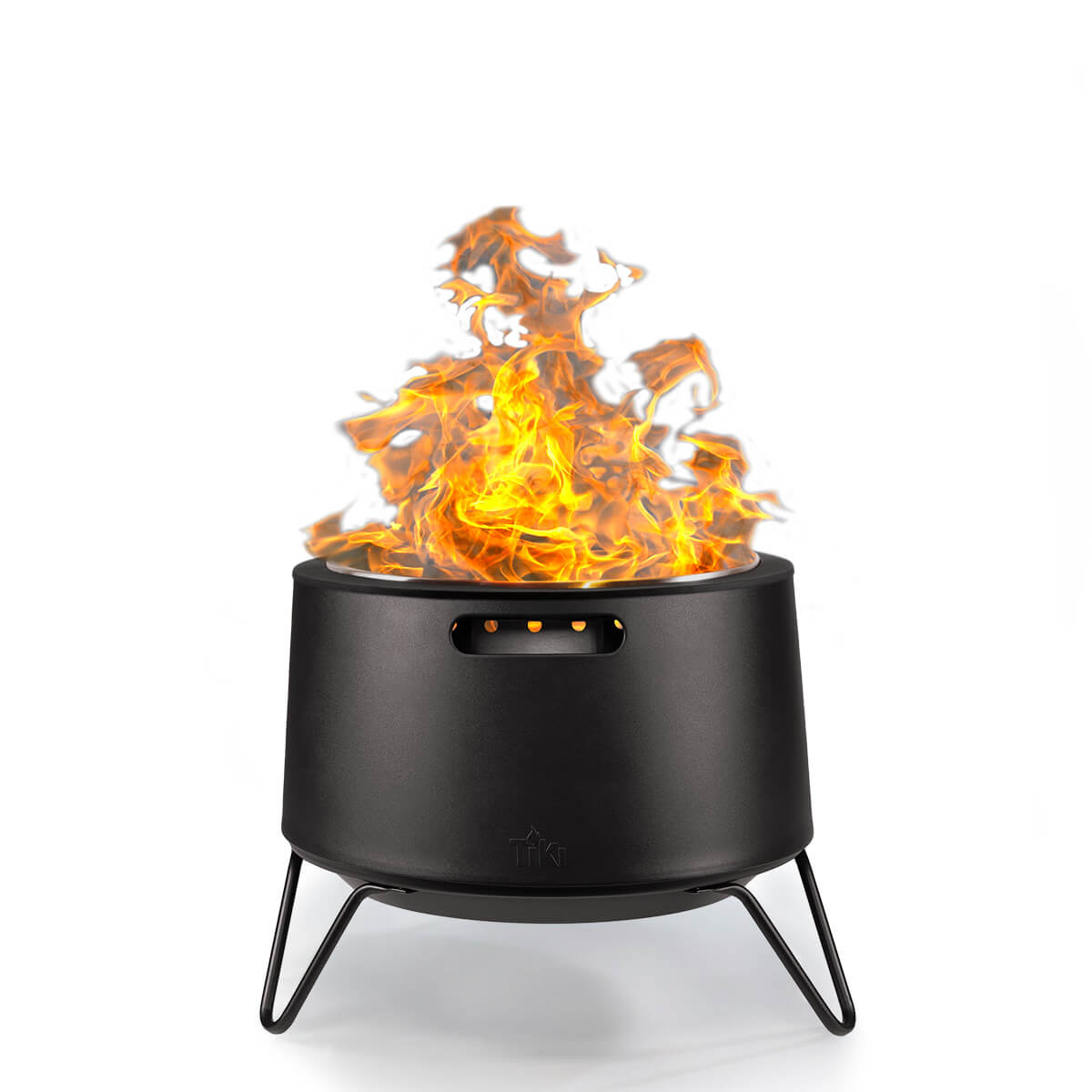 Black Tiki fire pit with vibrant flames, modern design.