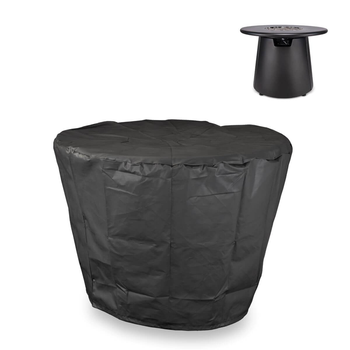 Black outdoor patio heater with protective cover.