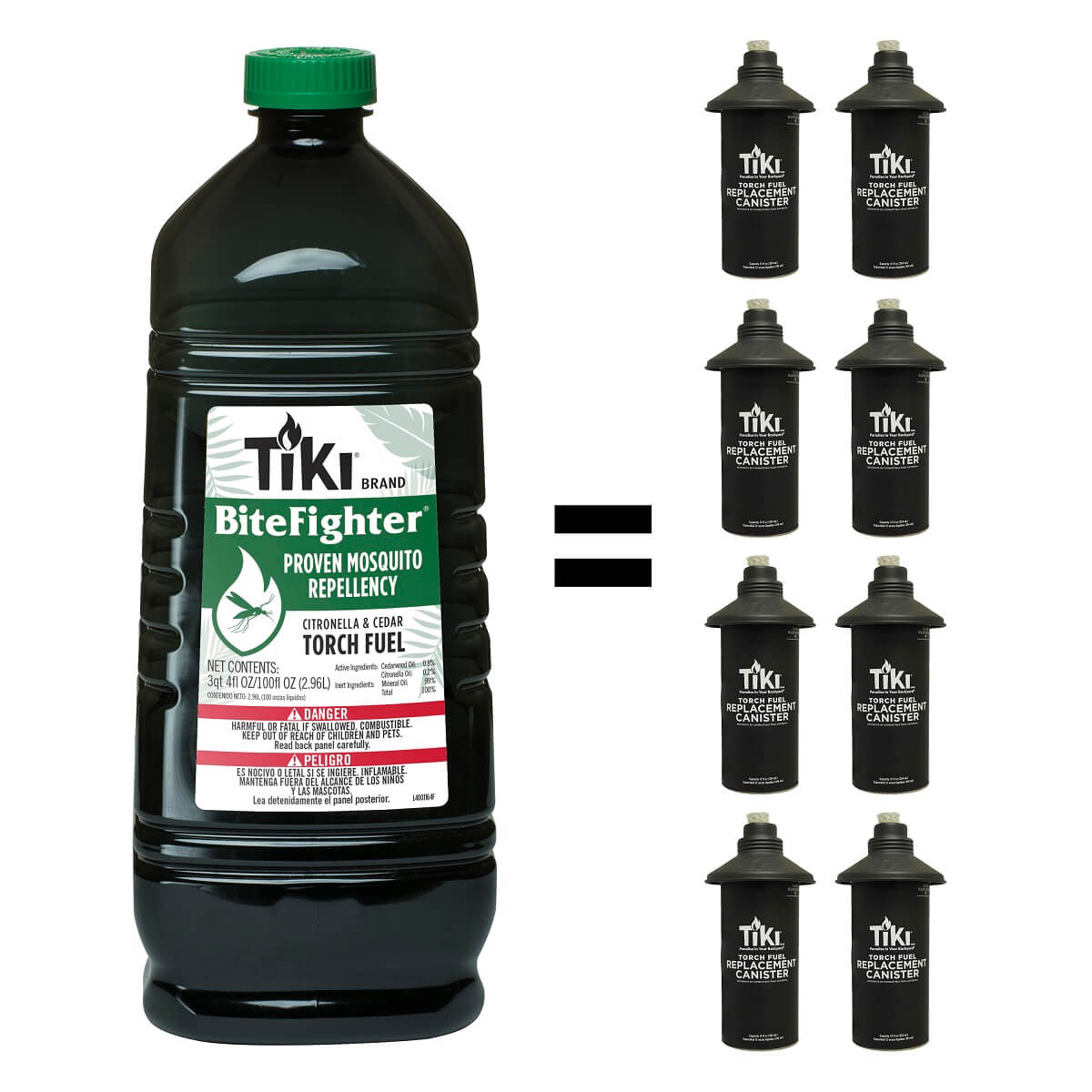 Black TIKI BiteFighter Citronella & Cedar Torch Fuel bottle equals 10 replacement canisters.