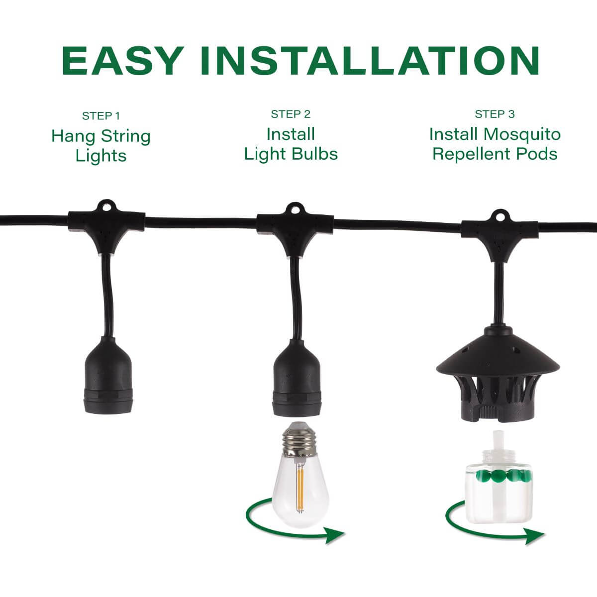 String lights with mosquito repellent pods, easy installation steps shown.