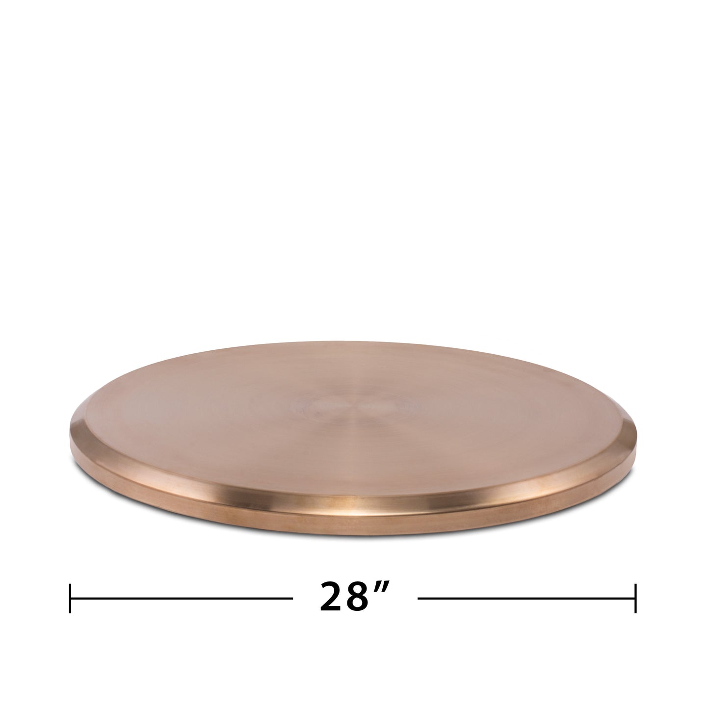 Copper-colored round tabletop, 28 inches diameter.
