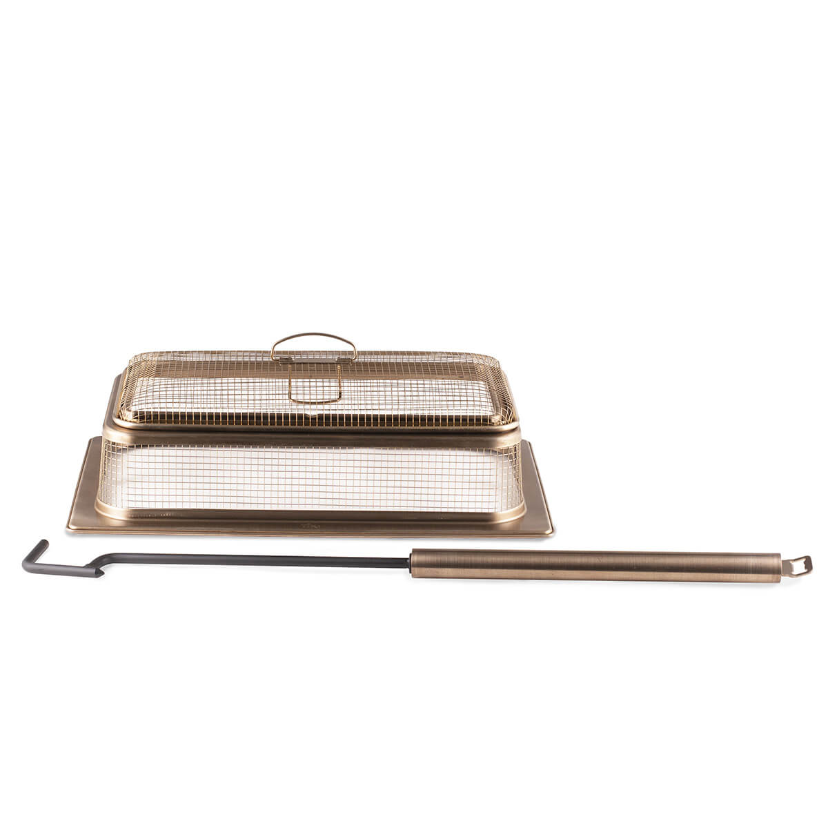 Bronze grill set with mesh lid and long-handled tool.