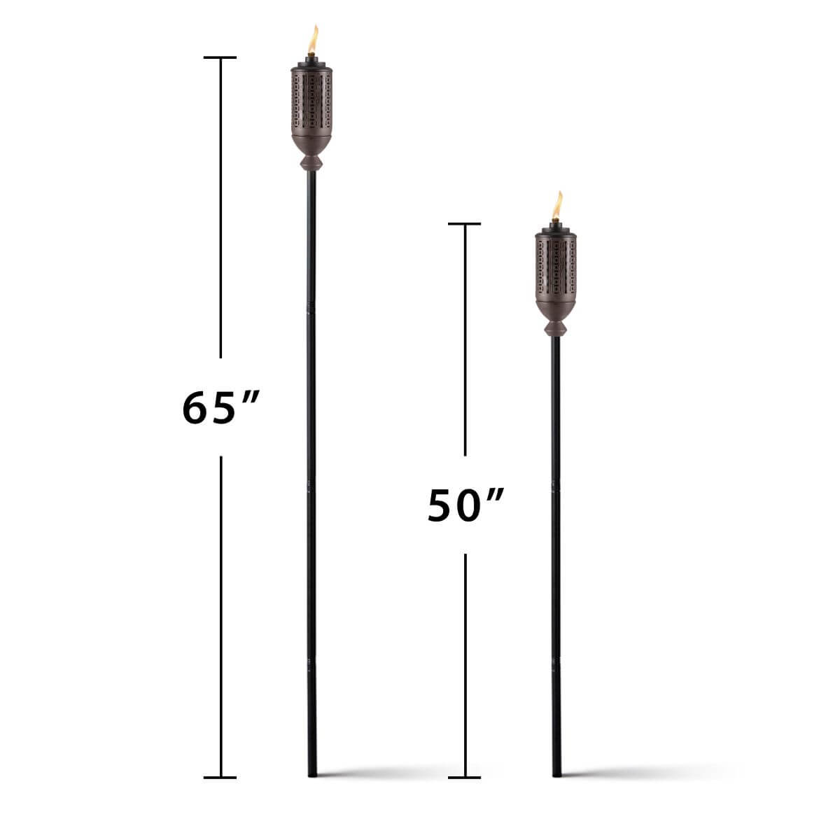 Tall black torches, 65" and 50" heights, with flame tops.