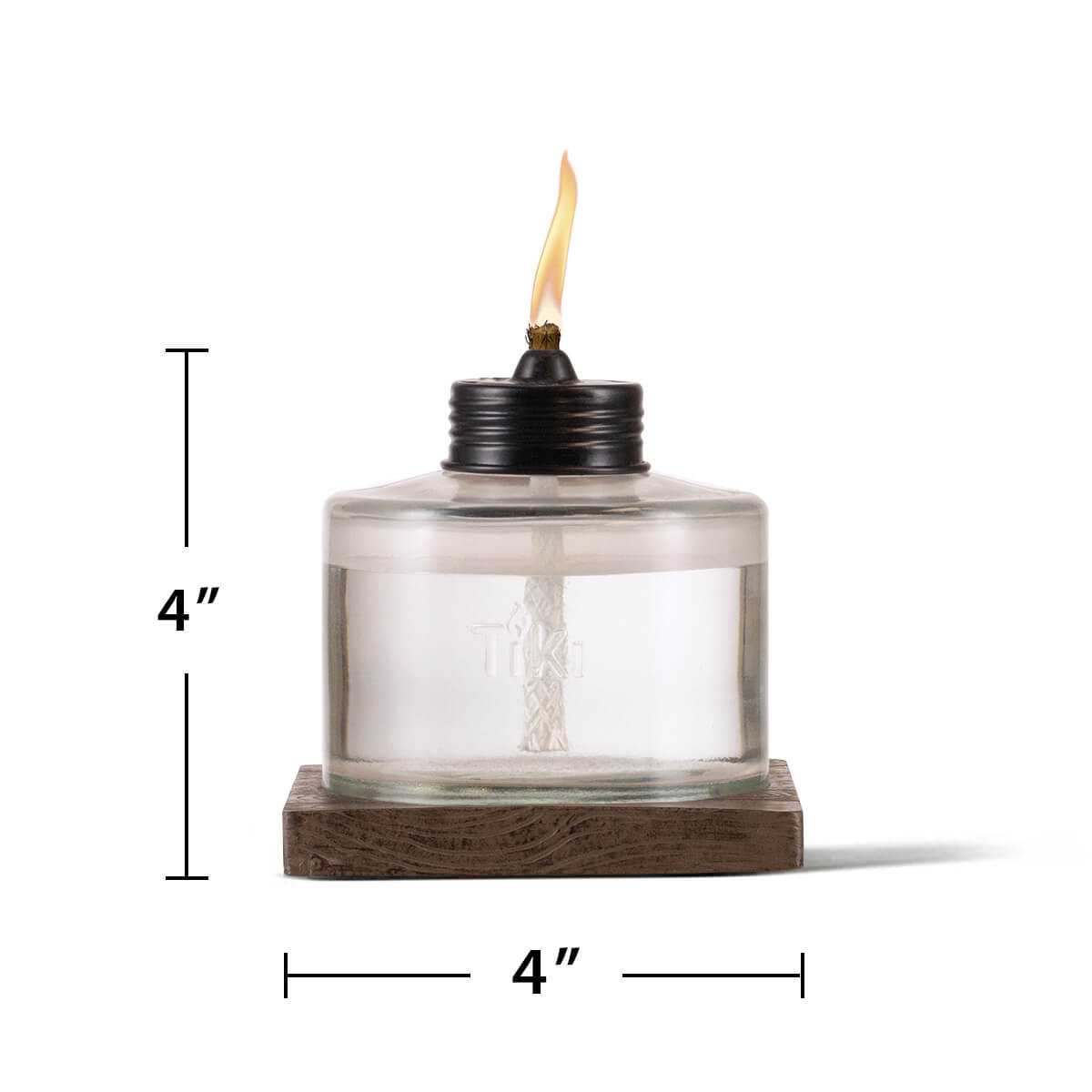 Clear glass Tiki torch with black cap, 4" tall, 4" wide base.