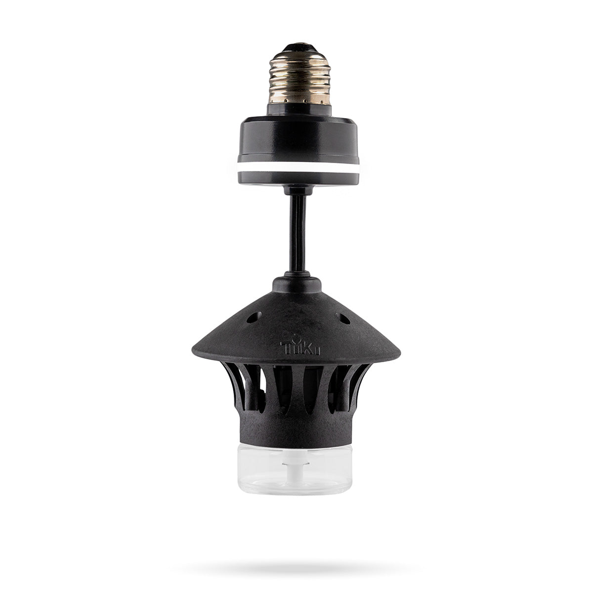 Black hanging bug trap with a screw-in bulb base, vented top, and clear container for catching insects.