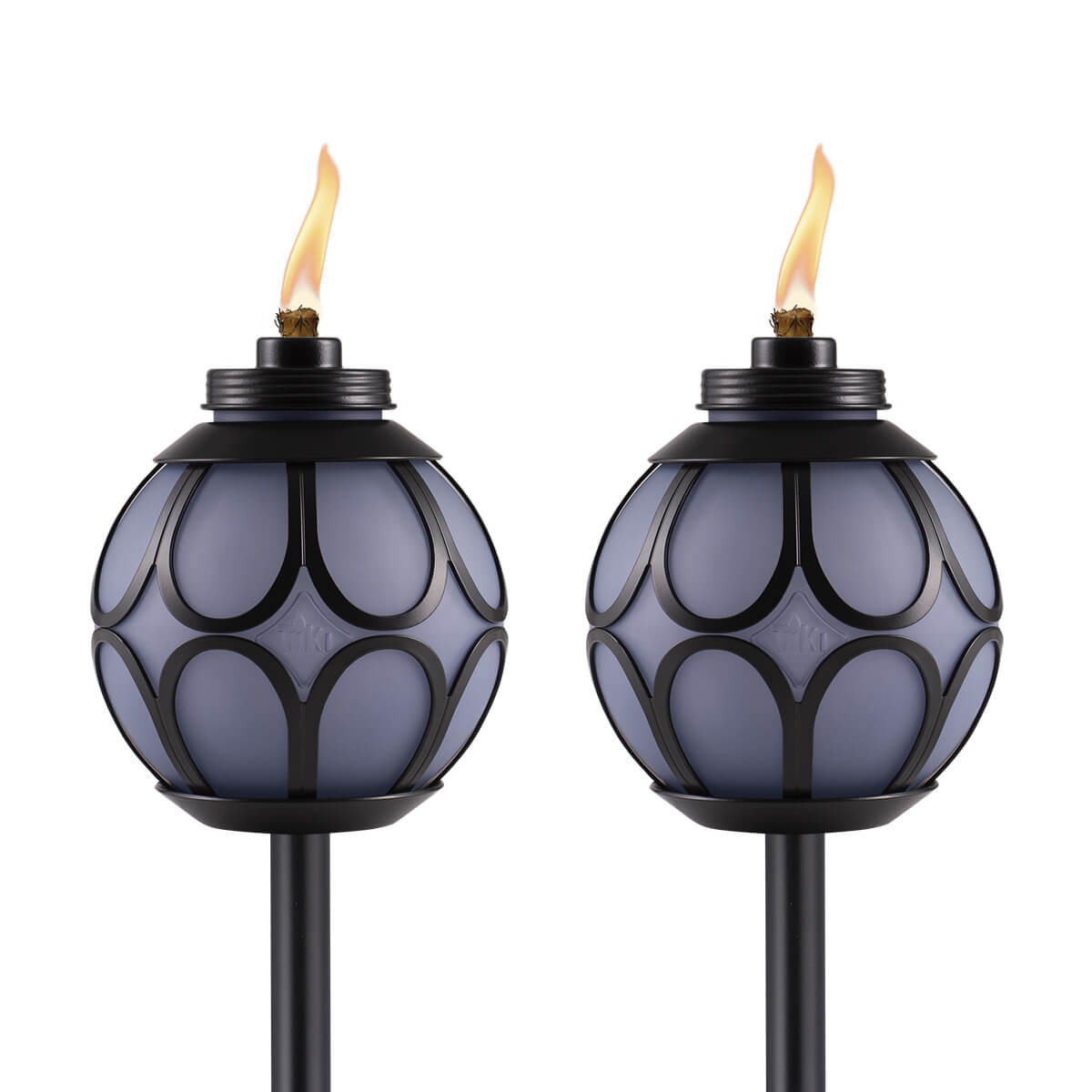 "Blue glass torch with black metal frame and flame."