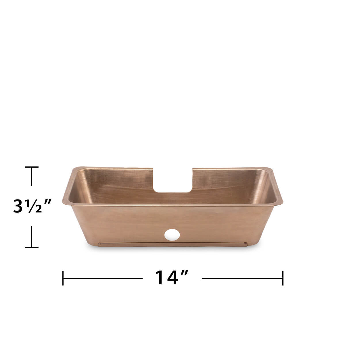 Copper single-basin sink, 14" wide, 3.5" deep.